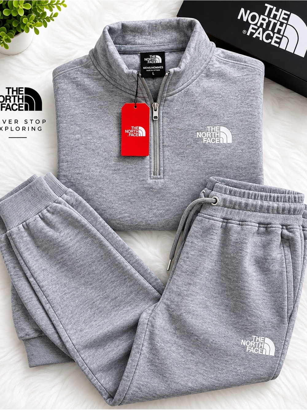 The North Face men's Light Gray Quarter-Zip Sweatshirt & Joggers Set